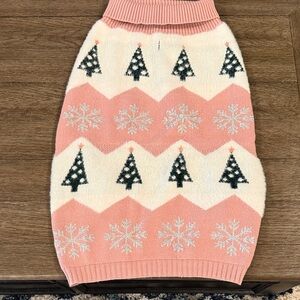 Pink and Cream Dog Sweater with Trees and Snowflakes
